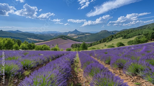 Lavender Fields and Scenic Mountain Views. Vast lavender fields stretch across rolling hills with a distant mountain range under a vibrant blue sky.