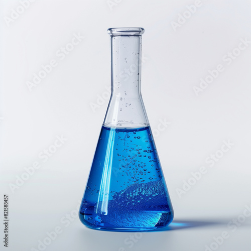 Laboratory Flask with Blue Liquid on White Background