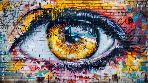Close-up of a striking eye in street art, painted on a brick wall, reflecting the vibrant tradition and legacy of this expressive art form
