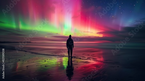 A man stands on the beach, with a colorful aurora borealis in the sky and reflections of light in the water..