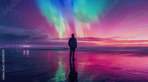 A man stands on the beach, with a colorful aurora borealis in the sky and reflections of light in the water.. © Dusit