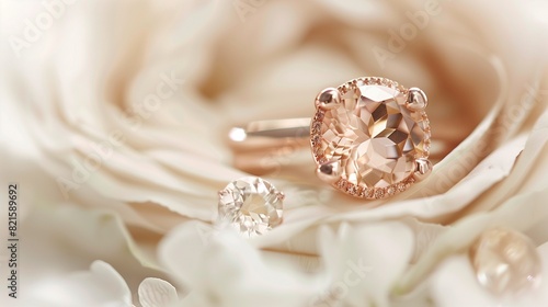 A soft peach morganite ring with a delicate rose gold band, the pastel shade of the gemstone and the feminine metal providing a gentle and refined presence against the white background.