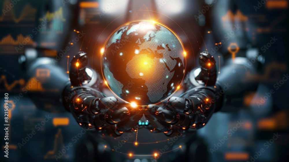A robot is holding a globe in its hands, AI technology A robot is holding a globe in its hands, AI technology