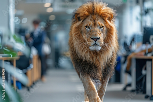 ビジネスオフィスを歩く百獣の王ライオン「AI生成画像」 photo