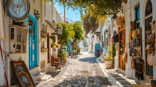 Fototapeta Naklejka Na Ścianę i Meble -  Charming Fira Streets Lined with Shops Cafes and Traditional Greek Architecture