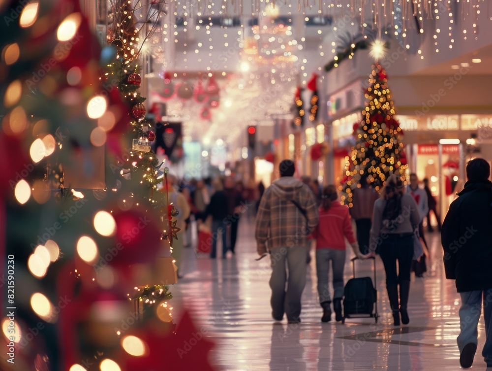 Holiday shoppers walking through a decorated mall Holiday shoppers walking through a decorated mall