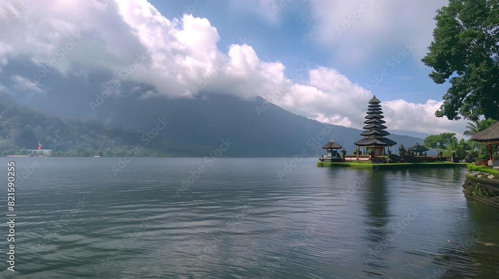 Serene View of Floating Temple on Tranquil Lake Beratan Surrounded by Mountains