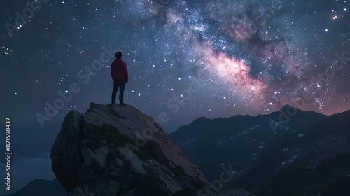 man standing on mountain top under starry night sky with milky way aweinspiring landscape