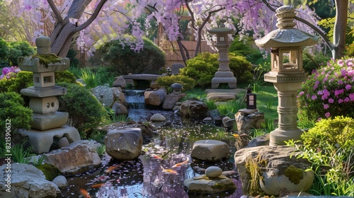 A tranquil Japanese garden with stone lanterns, cherry blossoms, and a koi pond, set against a delicate lavender background that adds a sense of calm and serenity to the scene.