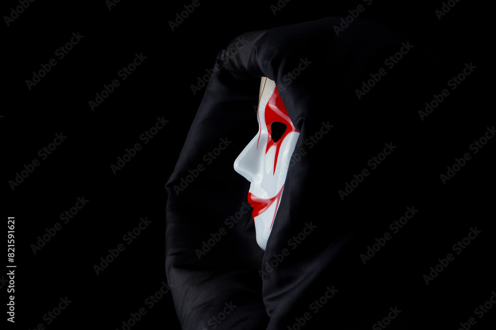 Black silk cloak and hand painted mask with smoke effects with unique patterns and designs Black silk cloak and hand painted mask with smoke effects with unique patterns and designs