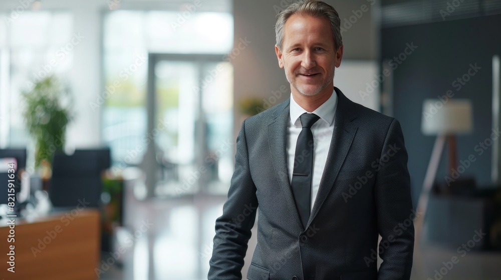 A professional businessman in a suit stands confidently in a modern office environment, embodying corporate success A professional businessman in a suit stands confidently in a modern office environment, embodying corporate success