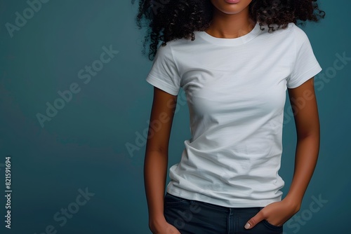 Women's White Short Sleeve Round Neck T-Shirt Mockup It is a useful tool for clothing designers to help visualize T-shirts before actual production Save time and money and makes it easier to decide.