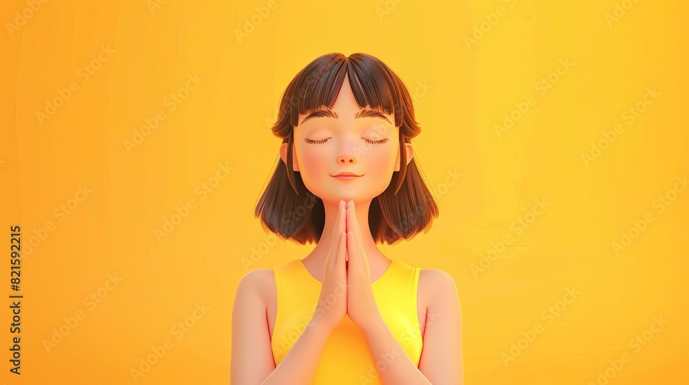 prayerful girl with closed eyes and joined hands 3d render on vivid yellow prayerful girl with closed eyes and joined hands 3d render on vivid yellow