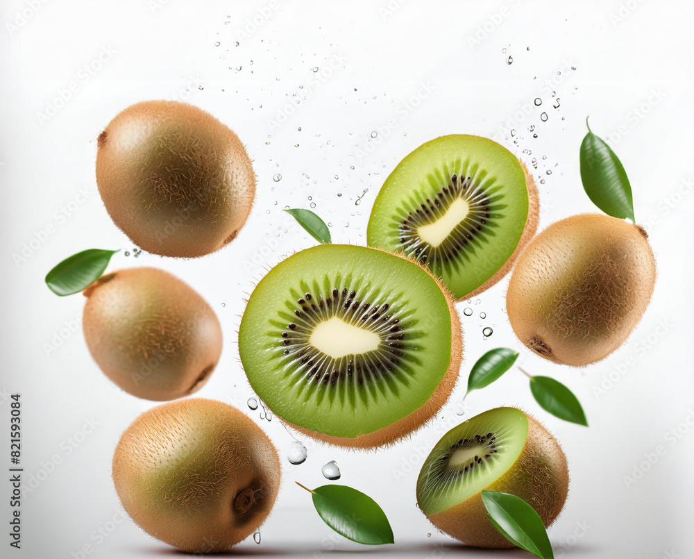 Fototapeta premium Kiwis apetitosos, color verde intenso, cayendo sobre fondo blanco. Agua salpicando las frutas. IA generativa.