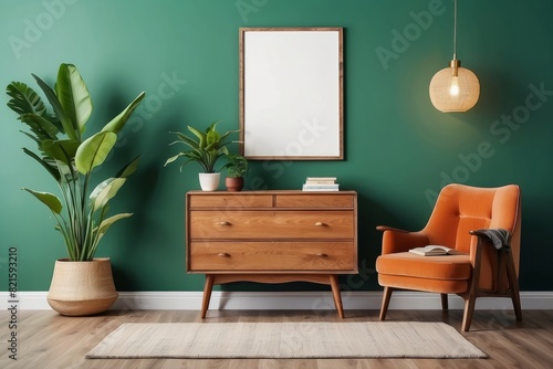 living room with wooden vintage commode  furniture  lamp  plant  carpet  pillows  blank poster frame  green wall