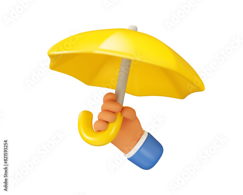 Umbrella in hand vector 3d icon. Yellow parasol illustration, isolated on white background. Safety or protection concept, cartoon character arm