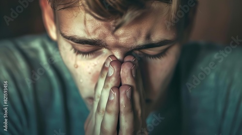 tearful young man touched by divine grace christian concept closeup portrait
