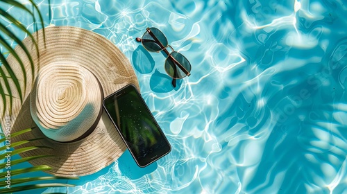 tropical vacation essentials mobile phone sunglasses and hat on blue pool water product mockup photo