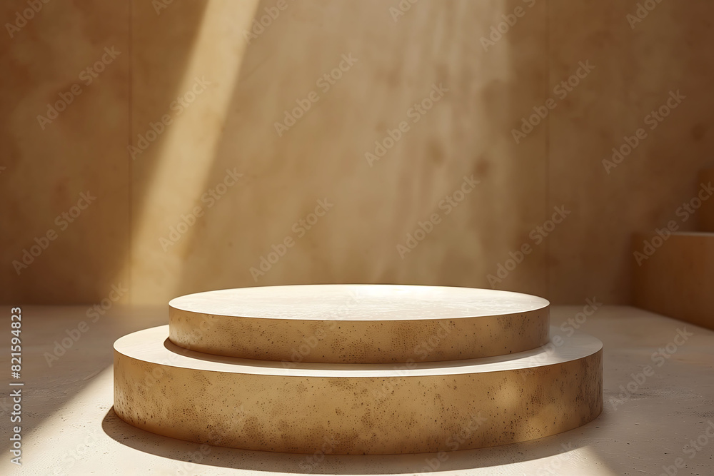 Minimalist old wooden podium for product displays with earth tone and cement background in vintage style. Minimalist old wooden podium for product displays with earth tone and cement background in vintage style.