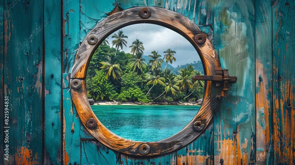 weathered porthole window with tropical island view on wooden boat travel concept photo weathered porthole window with tropical island view on wooden boat travel concept photo