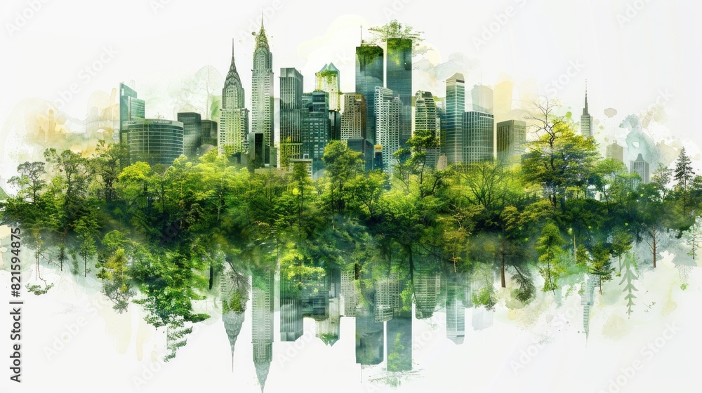 Reverse silhouette of an urban skyline with green rooftops, advocating ...