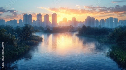 Reverse silhouette of a clean river flowing through a city, highlighting urban water conservation, high-resolution, super detailed rendering