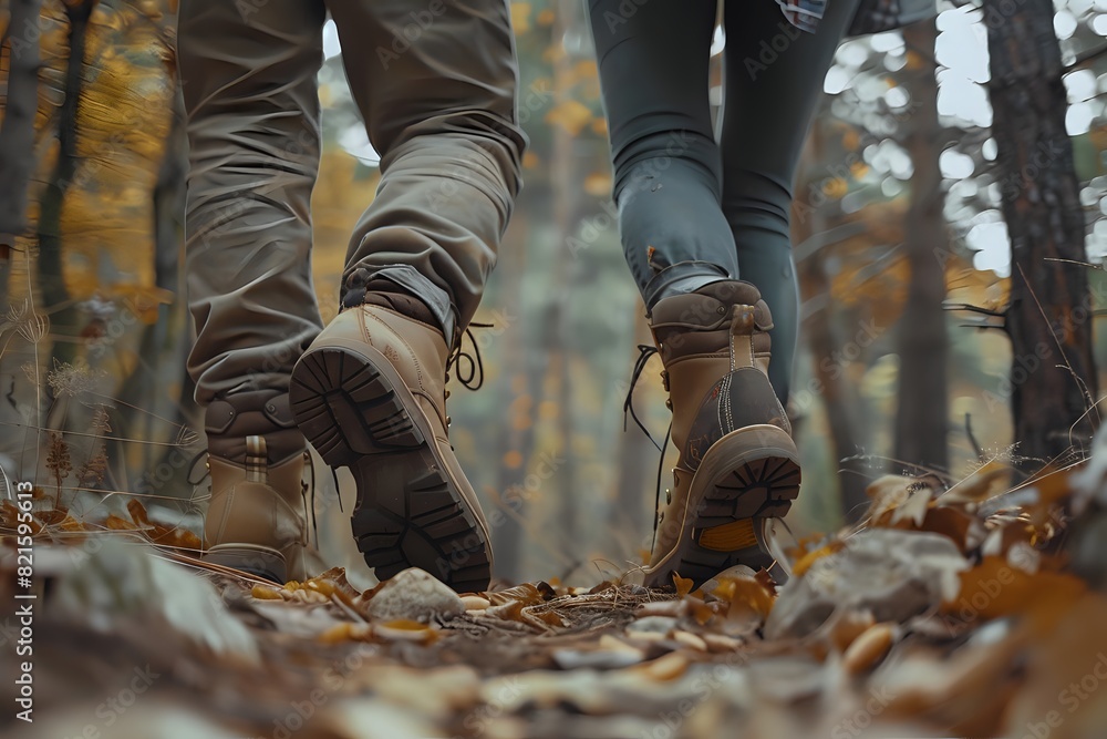 Couple hiking in forest walking on trail Couple hiking in forest walking on trail