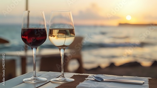 Closeup of glasses with red and white wine on the table