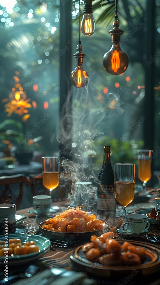 Fototapeta premium A luxurious dinner table in a pleasant atmosphere. The beautiful scenery makes for a wonderful night. Images like this are often used to post on social media, write blogs or set as wallpaper.