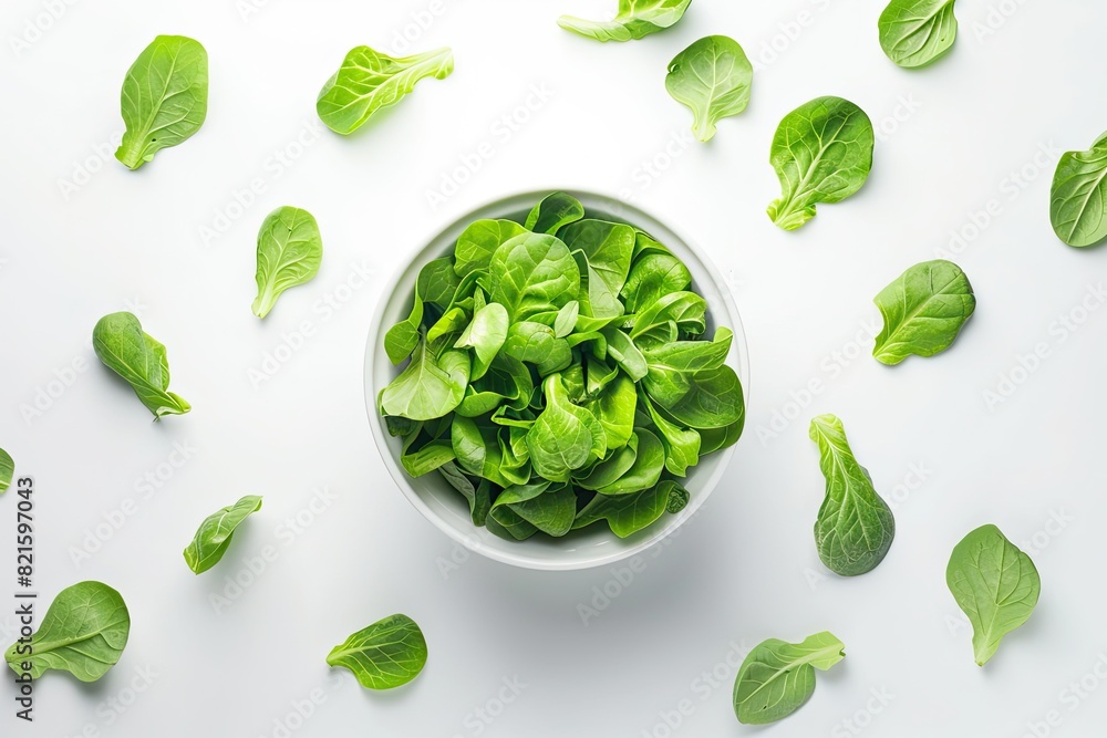 Obraz premium Crisp lettuce leaves arranged in a ceramic bowl on a white backdrop
