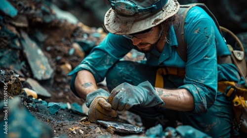 Delicate Unearthing: Archeologist Examining Ancient Artifacts in Teal Tone