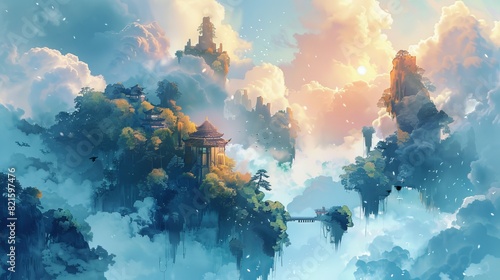 Fantasy landscape featuring floating islands  lush greenery  and majestic mountains enshrouded in mist with vibrant sunlight.