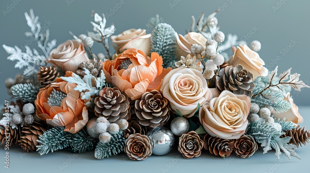 **: A table centerpiece featuring a bouquet of fresh flowers, pine cones, and silver accents, set against a solid blue background, infusing the space with elegance and natural charm for the New Year c **: A table centerpiece featuring a bouquet of fresh flowers, pine cones, and silver accents, set against a solid blue background, infusing the space with elegance and natural charm for the New Year c