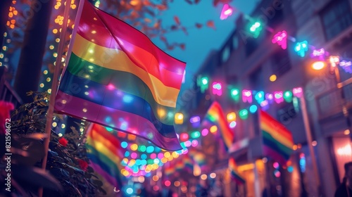 LGBTQ pride event at night. A night scene at a pride event with a crowd of people holding rainbow flags, illuminated by vibrant multicolored lights.