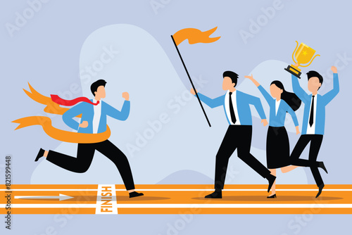 Running man crosses finish line, fellow worker with flag and champion cup flat vector illustration