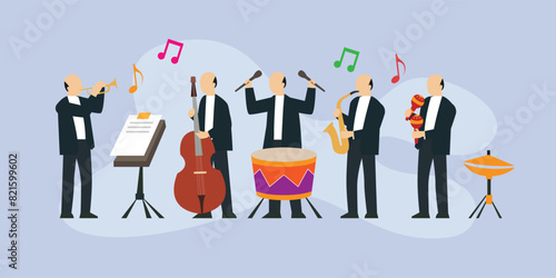 Jazz band playing music performs on stage 2d flat vector illustration