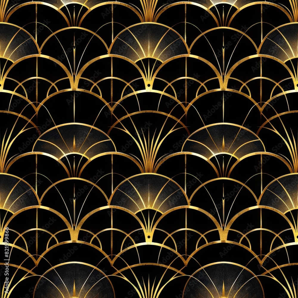 Luxurious Art Deco pattern in gold and black featuring fan motifs and geometric designs, perfect for upscale decorative purposes. Luxurious Art Deco pattern in gold and black featuring fan motifs and geometric designs, perfect for upscale decorative purposes.