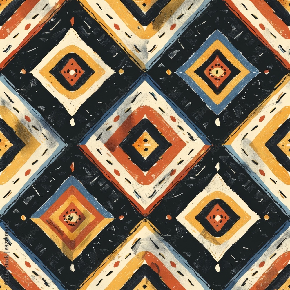 Rustic geometric pattern featuring diamond shapes in earth tones of orange, yellow, blue, and cream, perfect for vintage decor. Rustic geometric pattern featuring diamond shapes in earth tones of orange, yellow, blue, and cream, perfect for vintage decor.