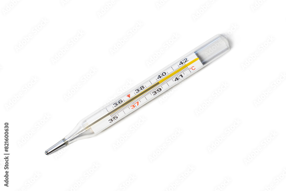 Mercury-in-glass thermometer with temperature mark 39,5 isolated on transparent background flat lay png