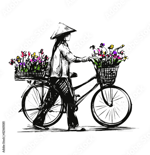 Drawing of Flower vendor in a street in Hanoi, Vietnam