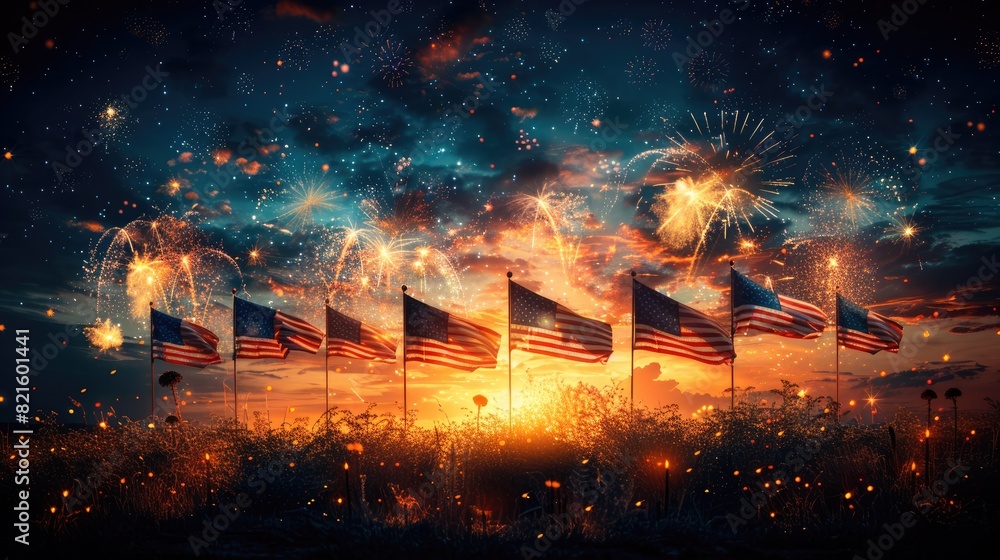 Silhouettes of US flags with fireworks in the background, celebrating American 4th of july holiday. Silhouettes of US flags with fireworks in the background, celebrating American 4th of july holiday.