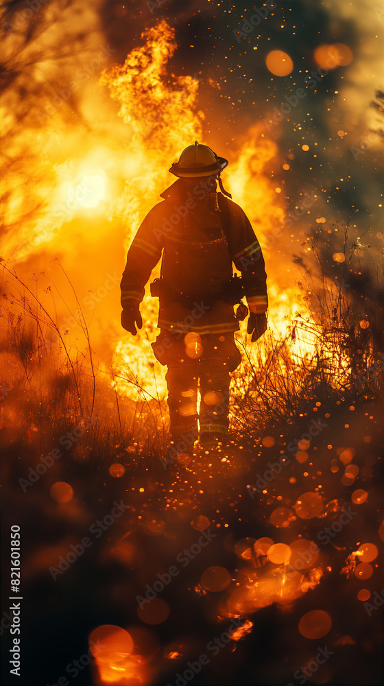 Cinematic portrait of a Fireman walking through a fiery scene, glint of dying sunlight, full body shot, long exposure effect, flames, high contrast color palette AI Generate Cinematic portrait of a Fireman walking through a fiery scene, glint of dying sunlight, full body shot, long exposure effect, flames, high contrast color palette AI Generate