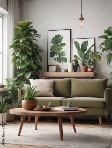 Vintage and cozy space of living room, Khaki sofa, wooden coffee table, guitar, plants