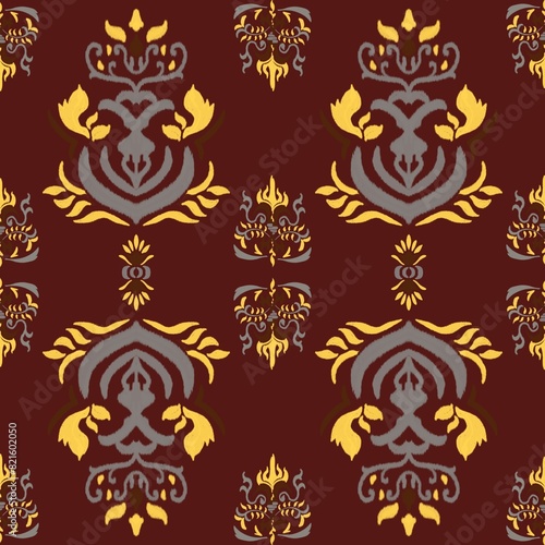 Damask Ikat floral pattern on red background illustration.Ikat ethnic oriental embroidery,Aztec style,abstract background.design for texture,fabric,clothing,wrapping,decoration,sarong,scarf