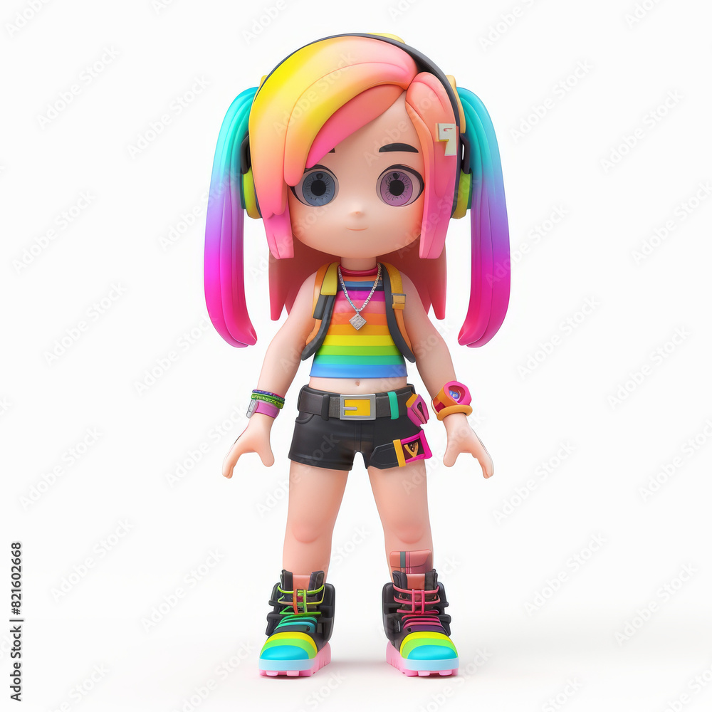 Adorable 3D cartoon girl character with rainbow hair and vibrant outfit, standing against a plain background, perfect for playful themes. Adorable 3D cartoon girl character with rainbow hair and vibrant outfit, standing against a plain background, perfect for playful themes.
