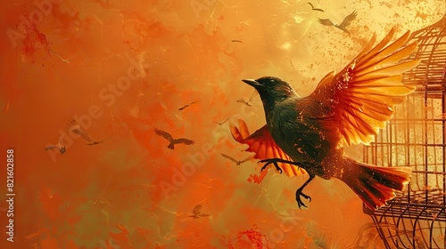 An abstract illustration of a bird flying out of a cage, symbolizing the achievement of freedom.