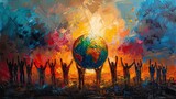 An abstract painting of a globe with people lifting it up, representing the collective effort towards global democracy.