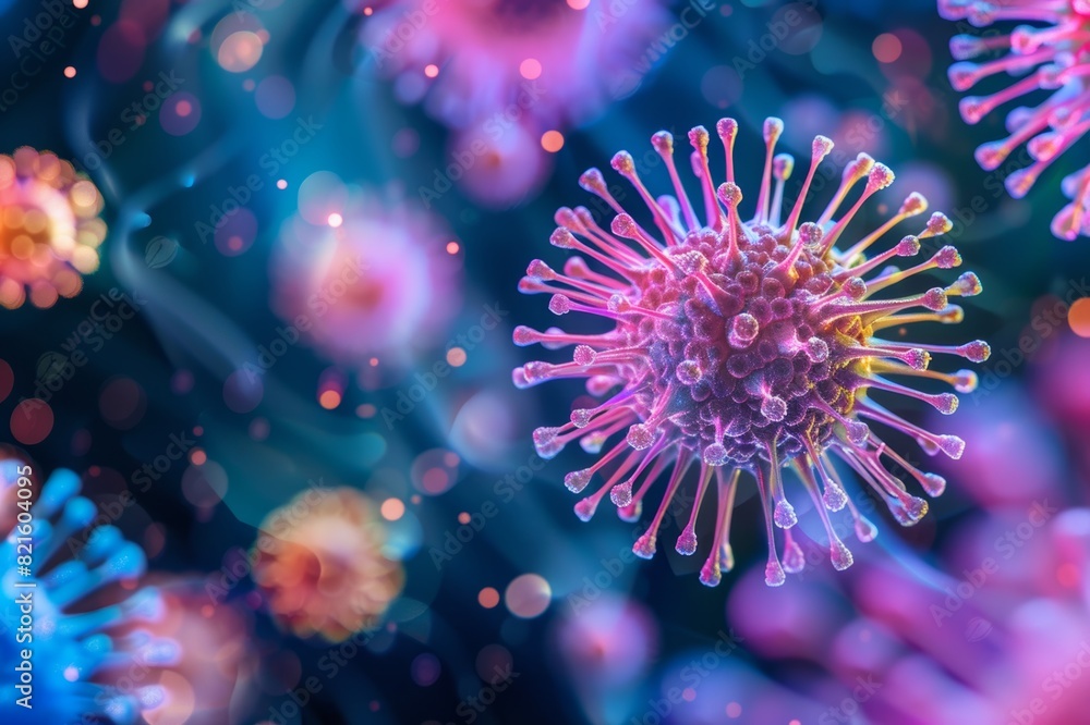 Fototapeta premium Close-up view of colorful virus cells floating in a blue background, representing microscopic virus particles and biological concepts.