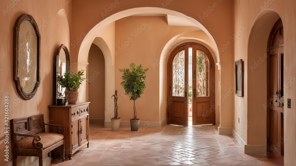 A photo showcasing the warmth and elegance of a Mediterranean entrance hall with a wooden cabinet. Selective focus