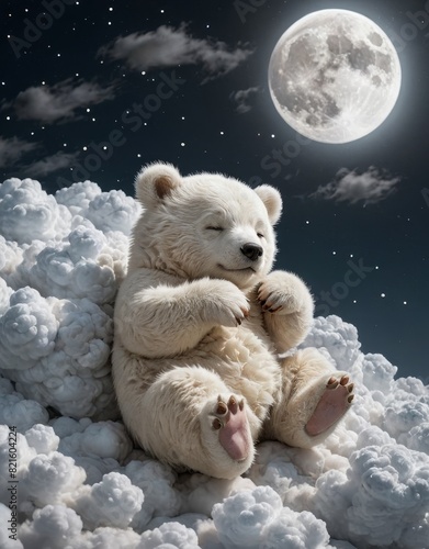 Enchanting Night: Polar Bear Cub Resting Among Celestial Clouds and Moonlit Skies photo